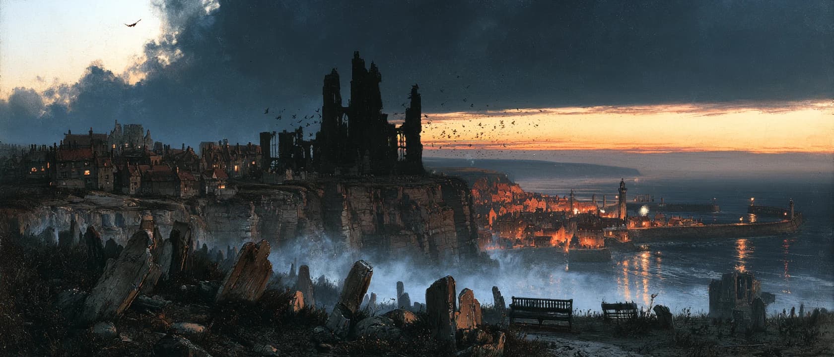 The ruined abbey and leaning gravestones above Whitby harbour in the hour after sunset