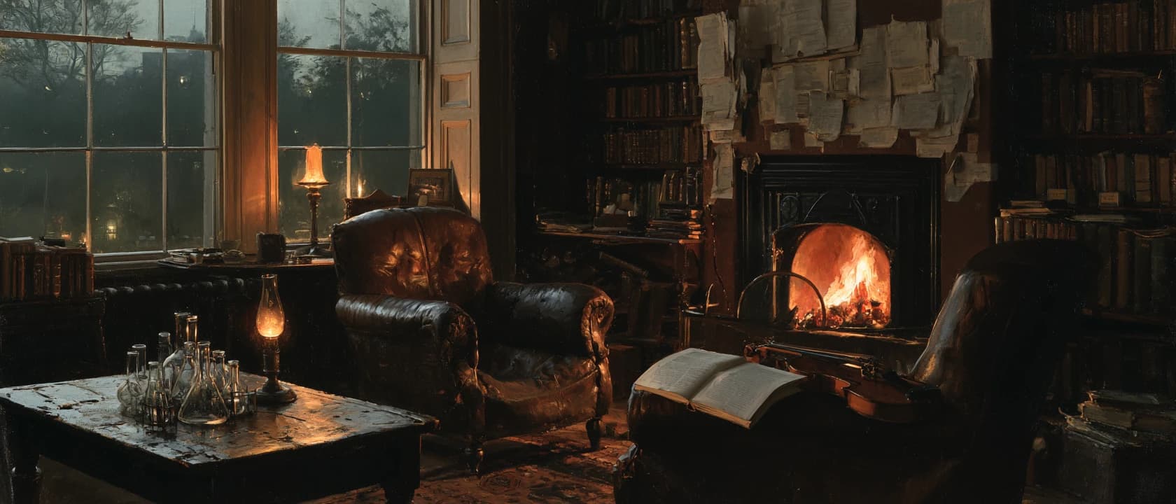 The cluttered firelit sitting room at 221B Baker Street with yellow fog at the windows